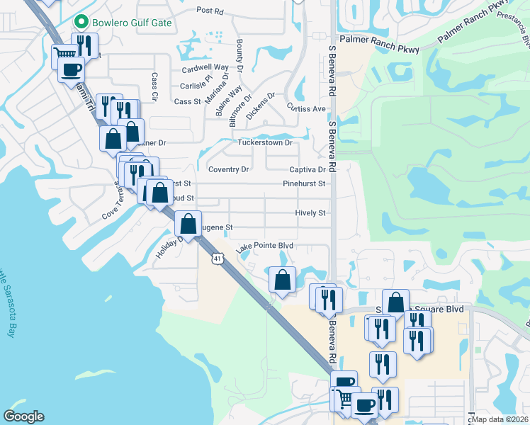 map of restaurants, bars, coffee shops, grocery stores, and more near 7723 Wright Avenue in Sarasota