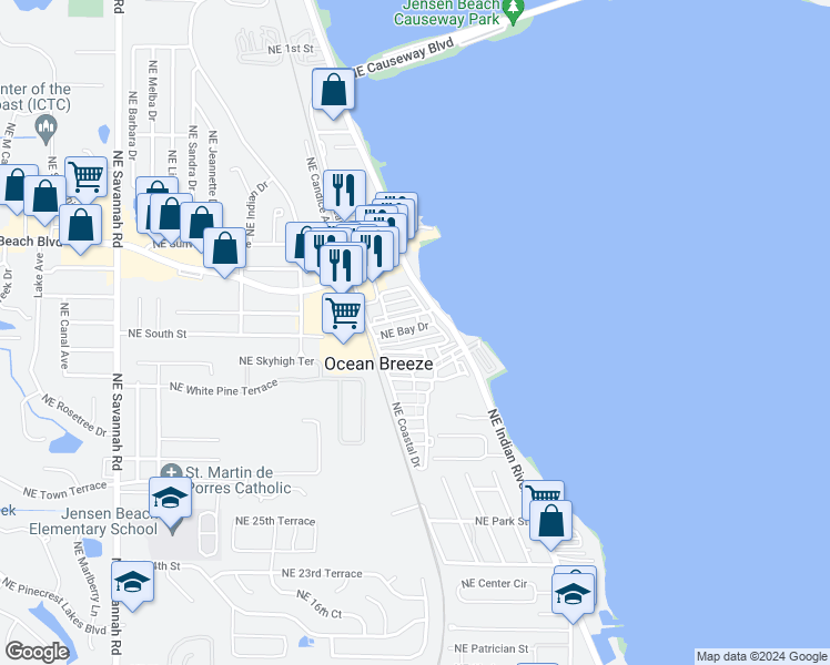 map of restaurants, bars, coffee shops, grocery stores, and more near 12 Northeast Bay Drive in Jensen Beach