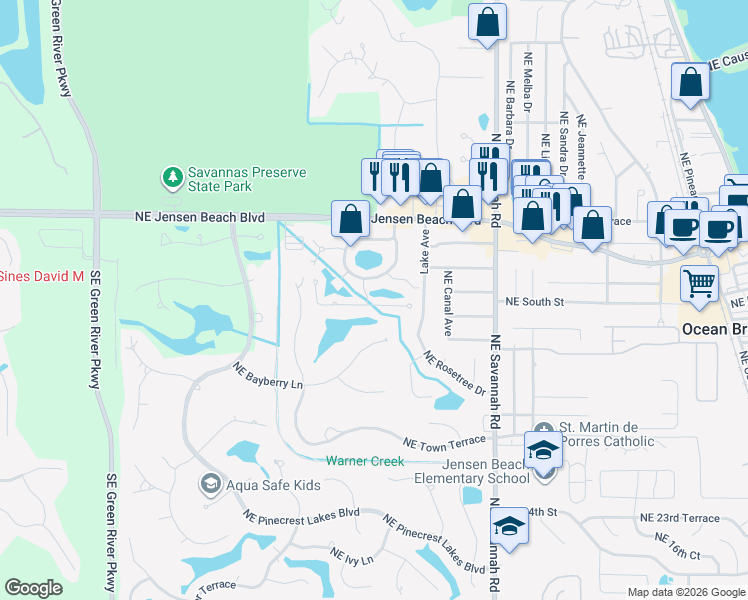 map of restaurants, bars, coffee shops, grocery stores, and more near 827 Northeast Dahoon Terrace in Jensen Beach