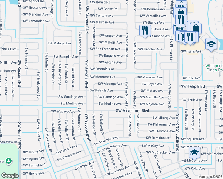 map of restaurants, bars, coffee shops, grocery stores, and more near 1233 Southwest Santiago Avenue in Port St. Lucie