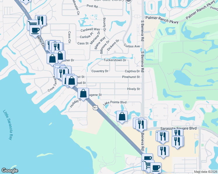 map of restaurants, bars, coffee shops, grocery stores, and more near 2232 Hively Street in Sarasota