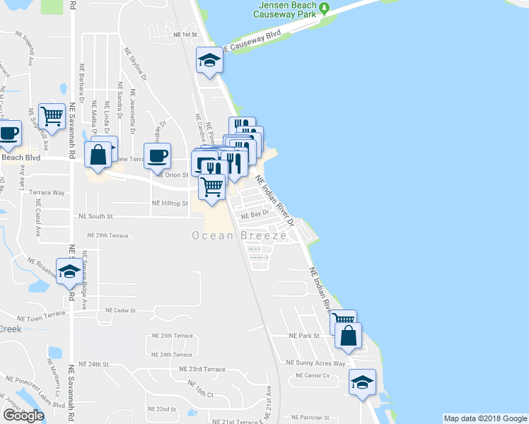 map of restaurants, bars, coffee shops, grocery stores, and more near 111 Northeast Bay Drive in Ocean Breeze