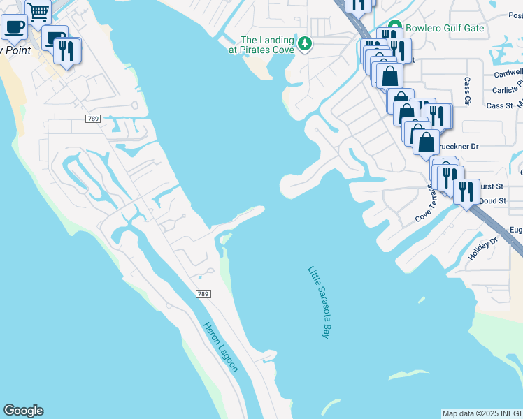 map of restaurants, bars, coffee shops, grocery stores, and more near 1456 Point Crisp Road in Sarasota