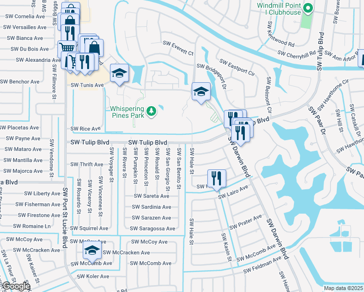 map of restaurants, bars, coffee shops, grocery stores, and more near 3438 Southwest San Benito Street in Port St. Lucie