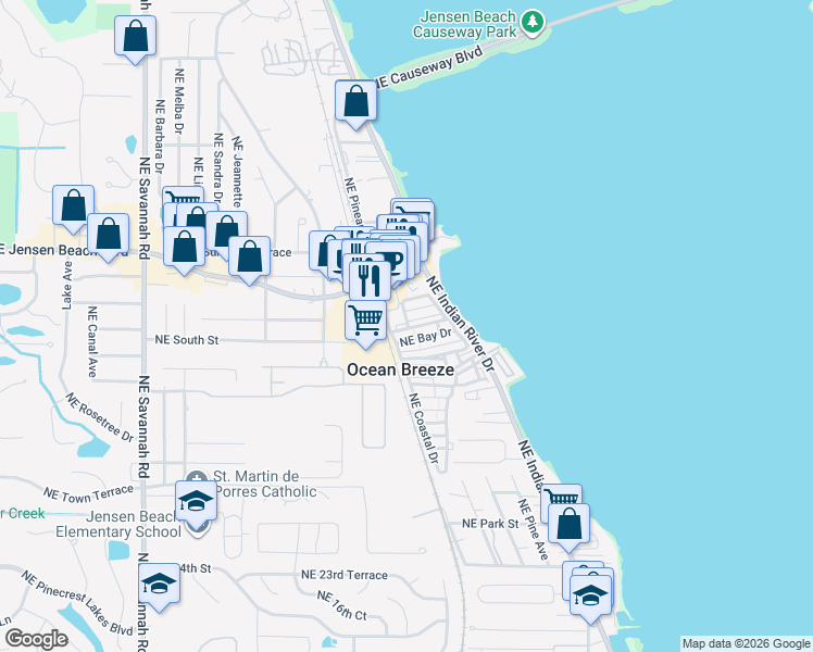 map of restaurants, bars, coffee shops, grocery stores, and more near 11 Northwest Driftwood Drive in Jensen Beach