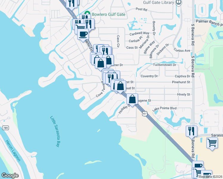 map of restaurants, bars, coffee shops, grocery stores, and more near 7640 South Tamiami Trail in Sarasota