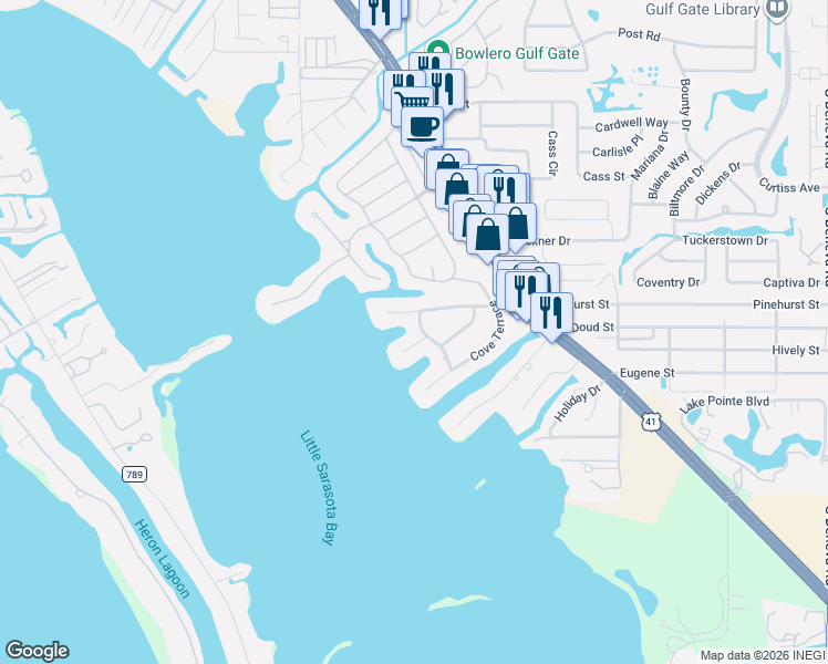 map of restaurants, bars, coffee shops, grocery stores, and more near 1804 Sandalwood Drive in Sarasota