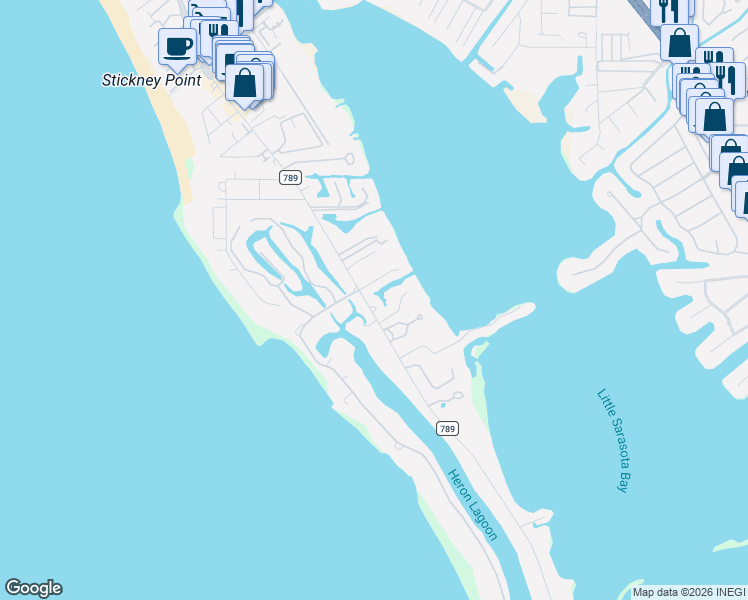 map of restaurants, bars, coffee shops, grocery stores, and more near 7450 Midnight Pass Road in Sarasota