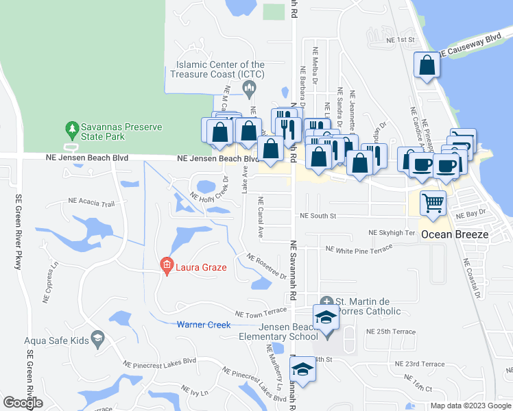 map of restaurants, bars, coffee shops, grocery stores, and more near 3094 Northeast Canal Avenue in Jensen Beach