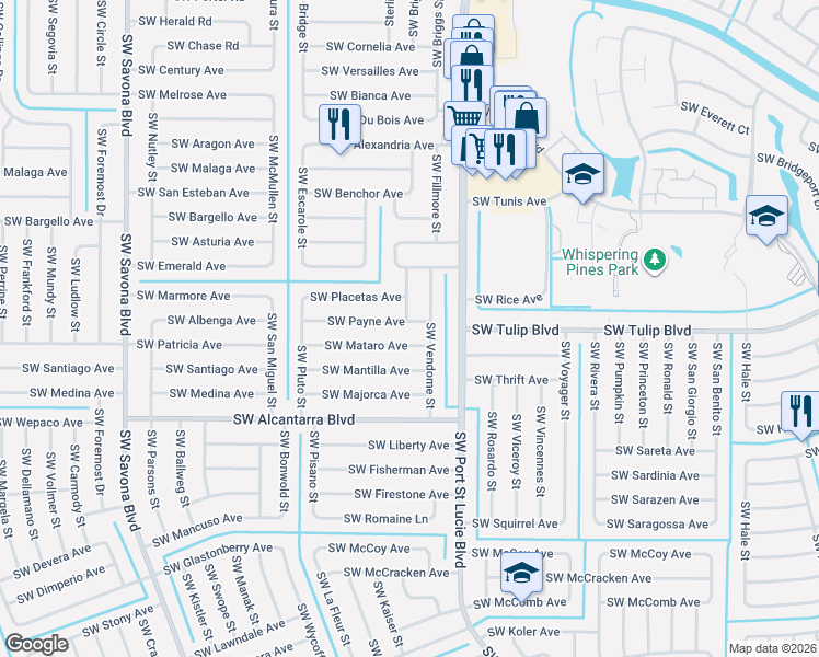 map of restaurants, bars, coffee shops, grocery stores, and more near 3397 Southwest Potts Street in Port St. Lucie
