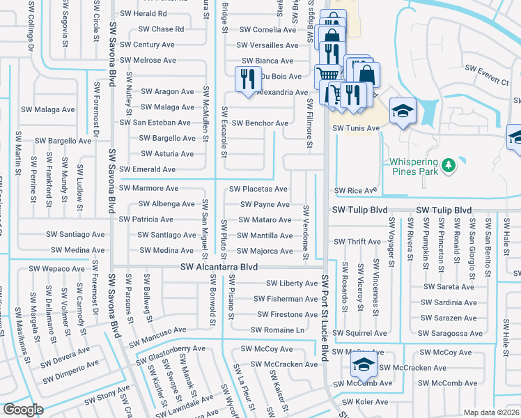 map of restaurants, bars, coffee shops, grocery stores, and more near 1037 Southwest Payne Avenue in Port St. Lucie