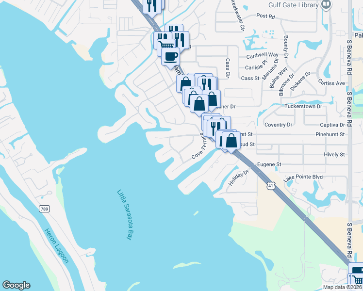 map of restaurants, bars, coffee shops, grocery stores, and more near 1838 Sandalwood Drive in Sarasota