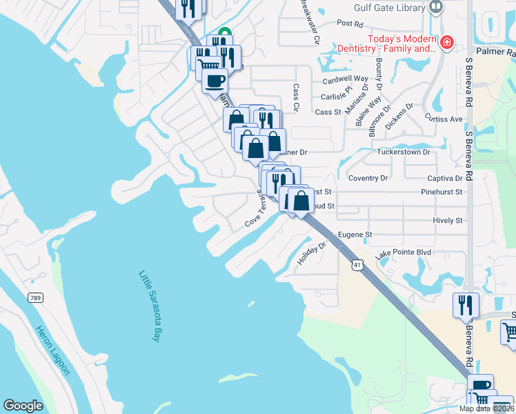 map of restaurants, bars, coffee shops, grocery stores, and more near 7607 Cove Terrace in Sarasota