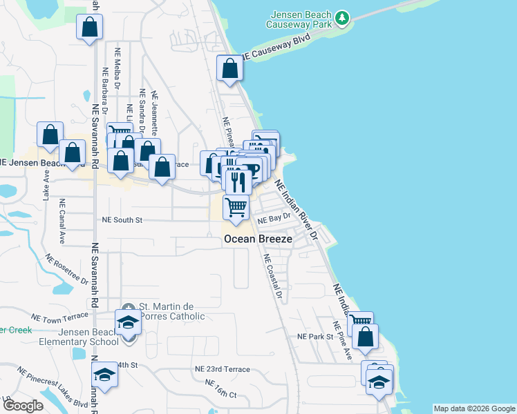 map of restaurants, bars, coffee shops, grocery stores, and more near 11 Northwest Driftwood Drive in Jensen Beach