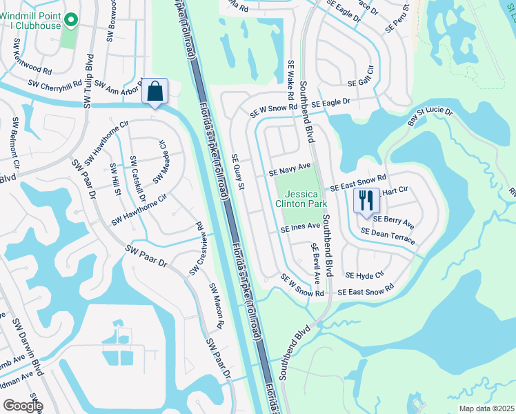 map of restaurants, bars, coffee shops, grocery stores, and more near 3265 Southeast West Snow Road in Port Saint Lucie