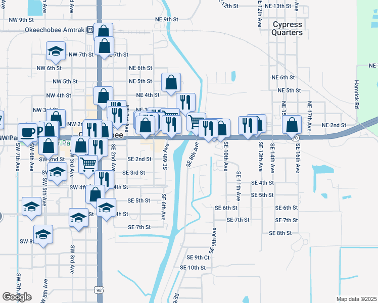 map of restaurants, bars, coffee shops, grocery stores, and more near 116 Southeast 8th Avenue in Okeechobee