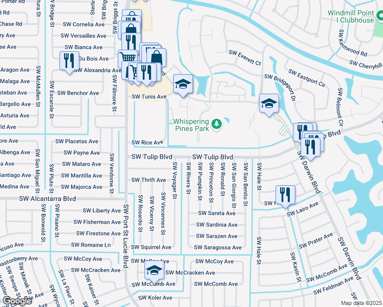 map of restaurants, bars, coffee shops, grocery stores, and more near 777 Southwest Tulip Boulevard in Port St. Lucie