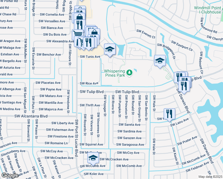 map of restaurants, bars, coffee shops, grocery stores, and more near 777 Southwest Tulip Boulevard in Port St. Lucie