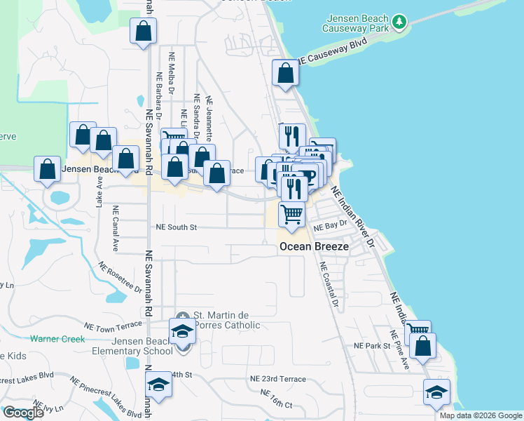 map of restaurants, bars, coffee shops, grocery stores, and more near 1750 Northeast Jensen Beach Boulevard in Jensen Beach