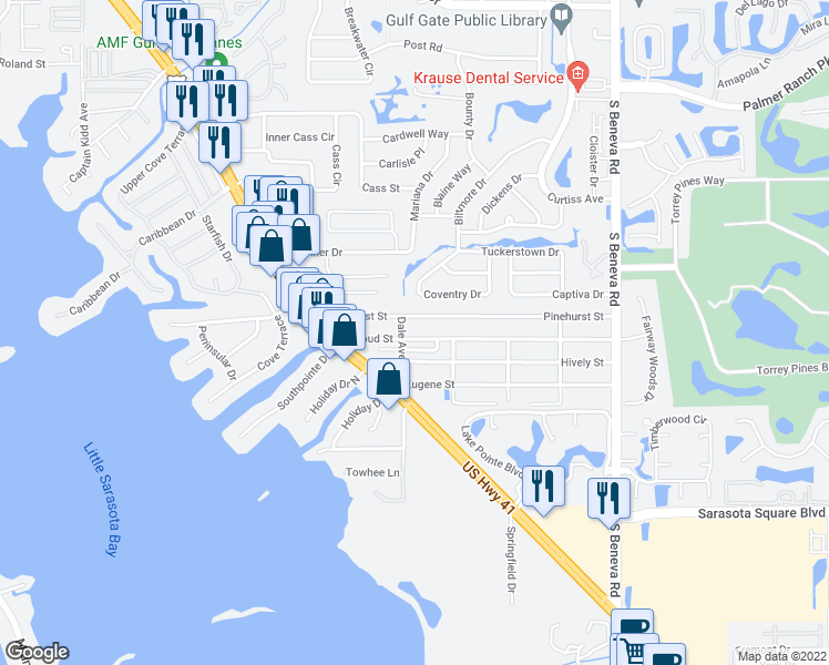 map of restaurants, bars, coffee shops, grocery stores, and more near 2109 Doud Street in Sarasota