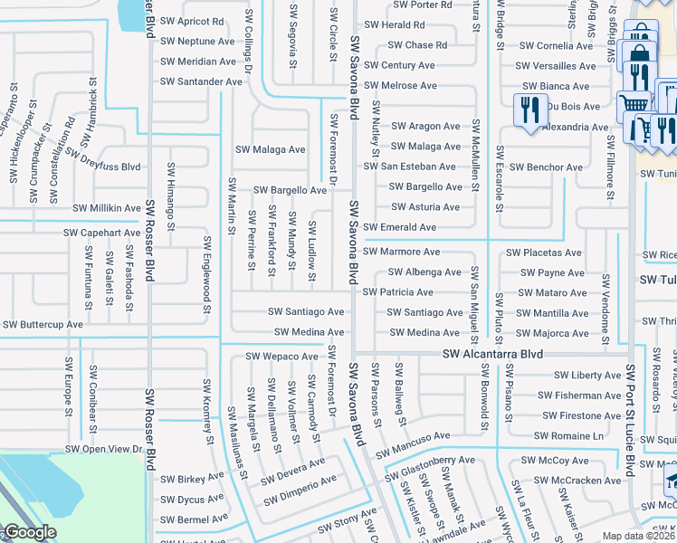 map of restaurants, bars, coffee shops, grocery stores, and more near 3375 Southwest Foremost Drive in Port St. Lucie