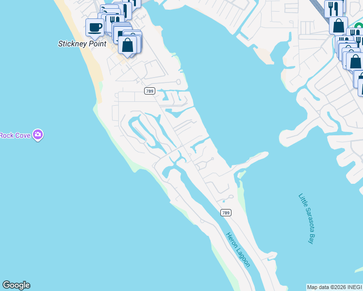 map of restaurants, bars, coffee shops, grocery stores, and more near 7450 Midnight Pass Road in Sarasota