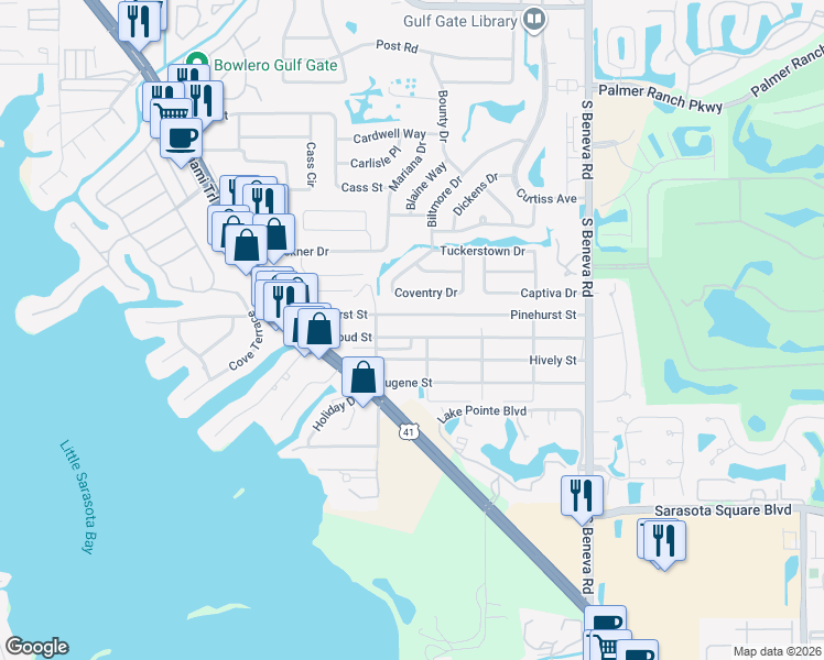 map of restaurants, bars, coffee shops, grocery stores, and more near 2143 Doud Street in Sarasota