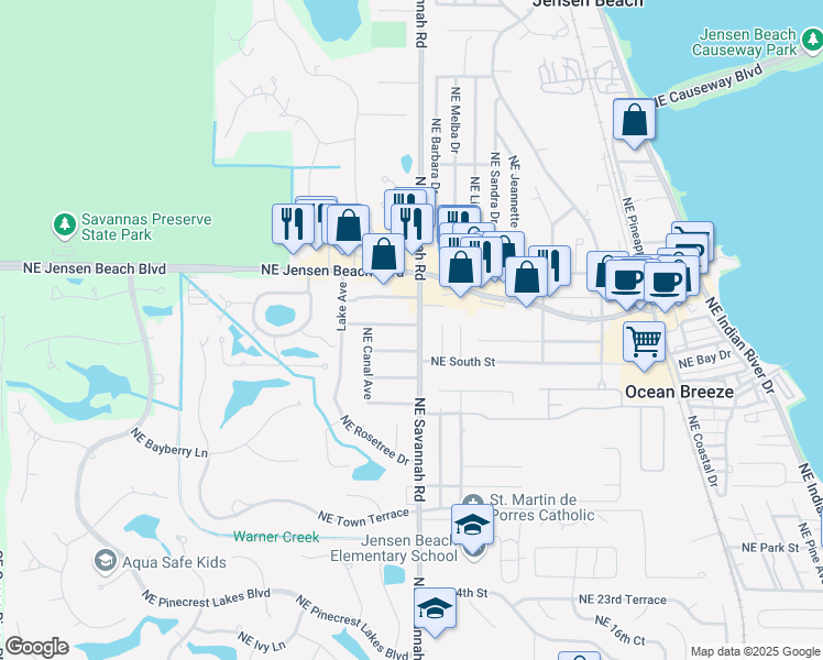 map of restaurants, bars, coffee shops, grocery stores, and more near 1176 Terrace Way in Jensen Beach