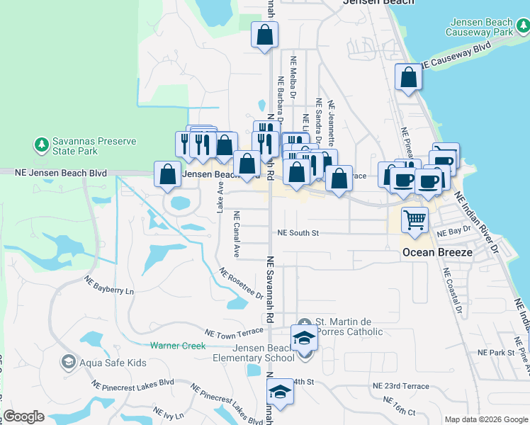 map of restaurants, bars, coffee shops, grocery stores, and more near 1176 Terrace Way in Jensen Beach