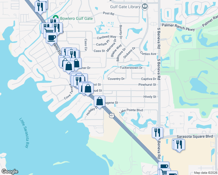 map of restaurants, bars, coffee shops, grocery stores, and more near 2143 Doud Street in Sarasota