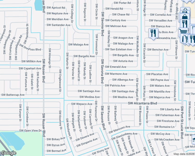 map of restaurants, bars, coffee shops, grocery stores, and more near 3375 Southwest Foremost Drive in Port St. Lucie