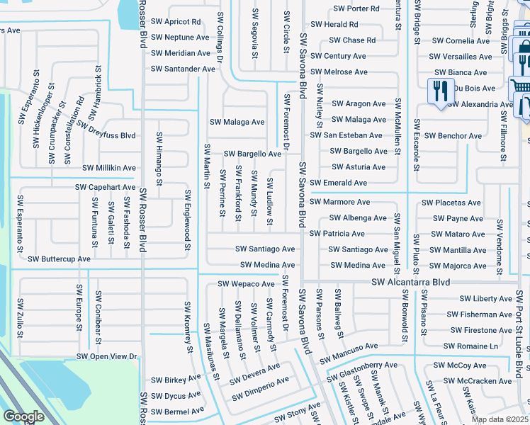 map of restaurants, bars, coffee shops, grocery stores, and more near 3354 Southwest Ludlow Street in Port St. Lucie
