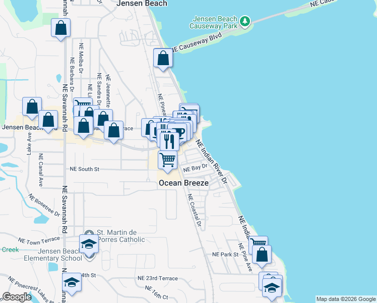 map of restaurants, bars, coffee shops, grocery stores, and more near 11 Northwest Driftwood Drive in Jensen Beach