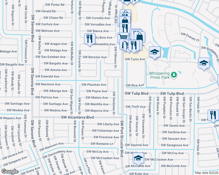 map of restaurants, bars, coffee shops, grocery stores, and more near 3381 Southwest Potts Street in Port Saint Lucie