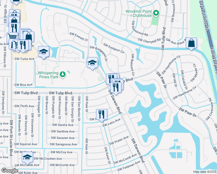 map of restaurants, bars, coffee shops, grocery stores, and more near SW Darwin Blvd & SW Tulip Blvd in Port Saint Lucie