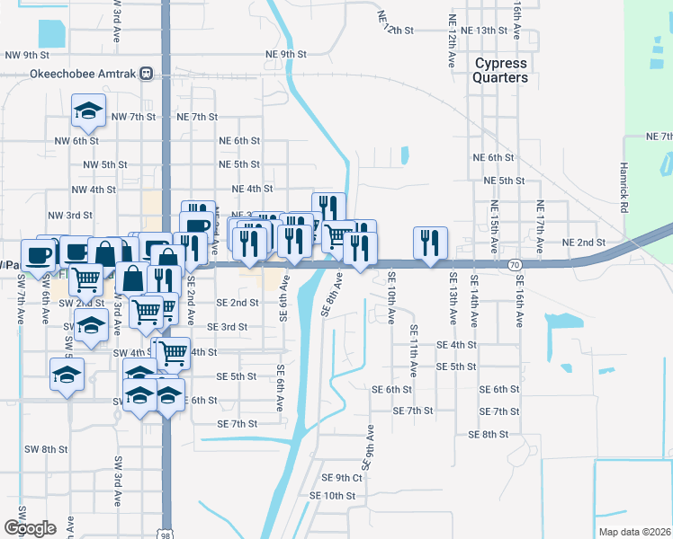 map of restaurants, bars, coffee shops, grocery stores, and more near 116 Southeast 8th Avenue in Okeechobee