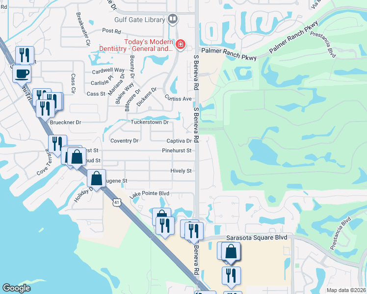 map of restaurants, bars, coffee shops, grocery stores, and more near 2431 Doud Street in Sarasota