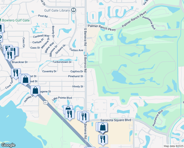 map of restaurants, bars, coffee shops, grocery stores, and more near 7551 South Beneva Road in Sarasota