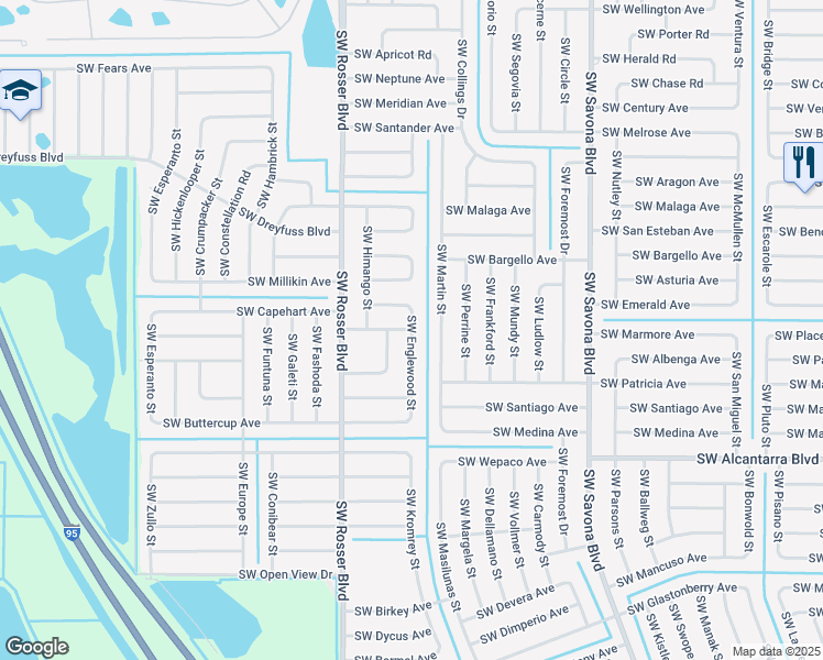map of restaurants, bars, coffee shops, grocery stores, and more near Southwest Englewood Street in Port St. Lucie