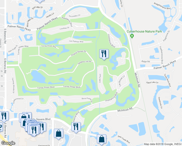 map of restaurants, bars, coffee shops, grocery stores, and more near 3960 Torrey Pines Boulevard in Sarasota
