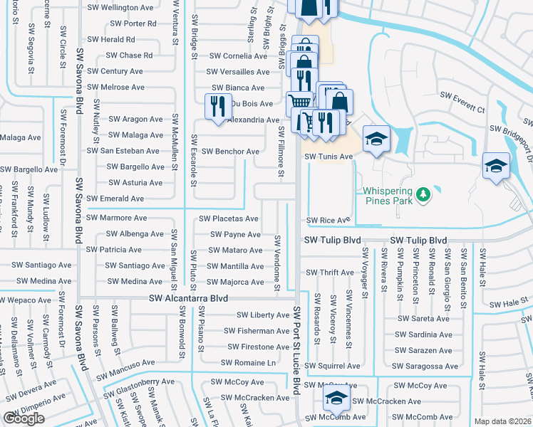 map of restaurants, bars, coffee shops, grocery stores, and more near 3333 Southwest Potts Street in Port St. Lucie
