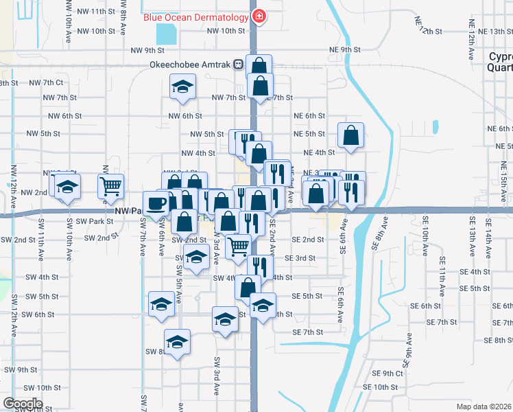 map of restaurants, bars, coffee shops, grocery stores, and more near 106 North Parrott Avenue in Okeechobee