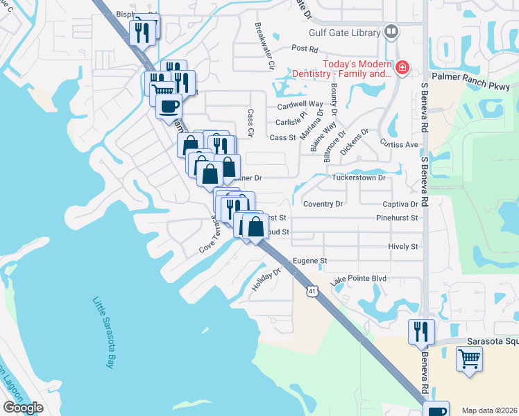 map of restaurants, bars, coffee shops, grocery stores, and more near 2043 Kai Drive in Sarasota