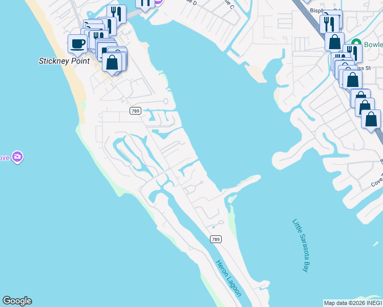 map of restaurants, bars, coffee shops, grocery stores, and more near 7321 Midnight Pass Road in Sarasota