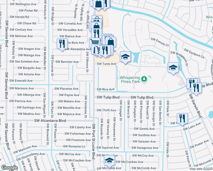 map of restaurants, bars, coffee shops, grocery stores, and more near 3300 Southwest Chartwell Street in Port St. Lucie