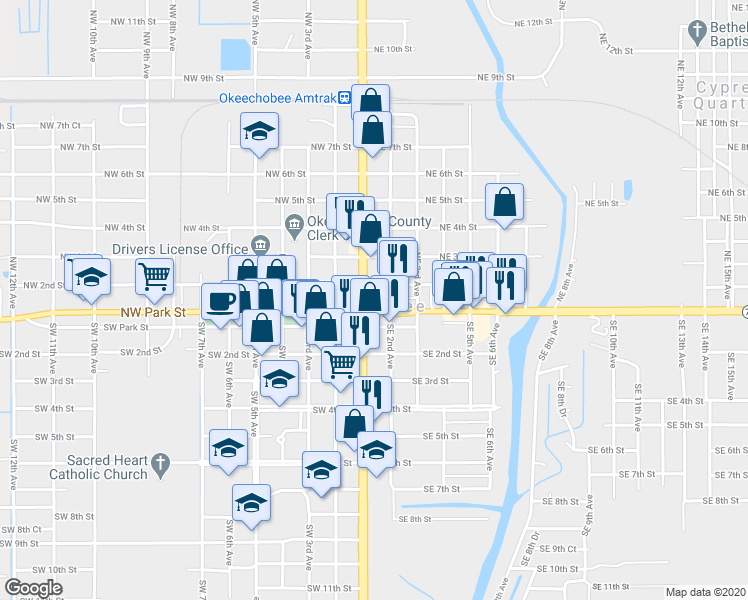 map of restaurants, bars, coffee shops, grocery stores, and more near 106 North Parrott Avenue in Okeechobee