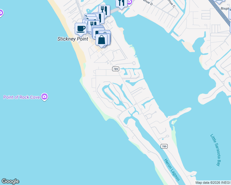 map of restaurants, bars, coffee shops, grocery stores, and more near 7236 Pine Needle Road in Sarasota