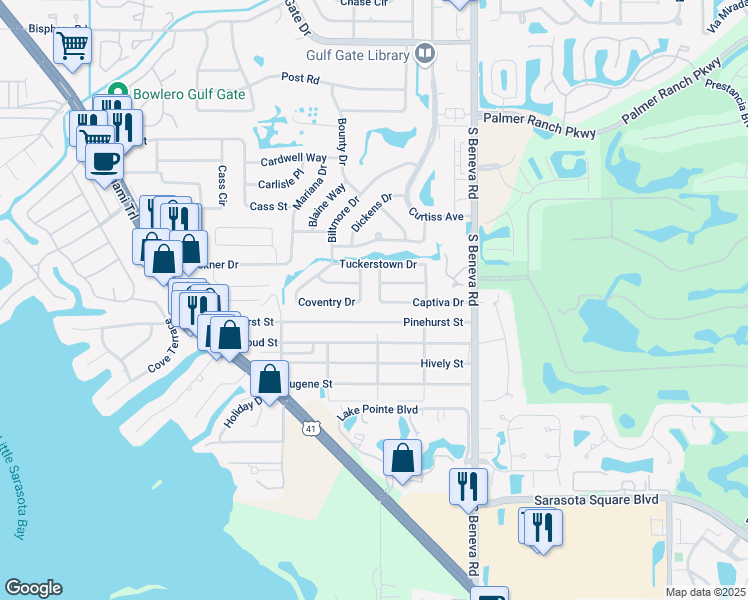 map of restaurants, bars, coffee shops, grocery stores, and more near 2903 Captiva Drive in Sarasota