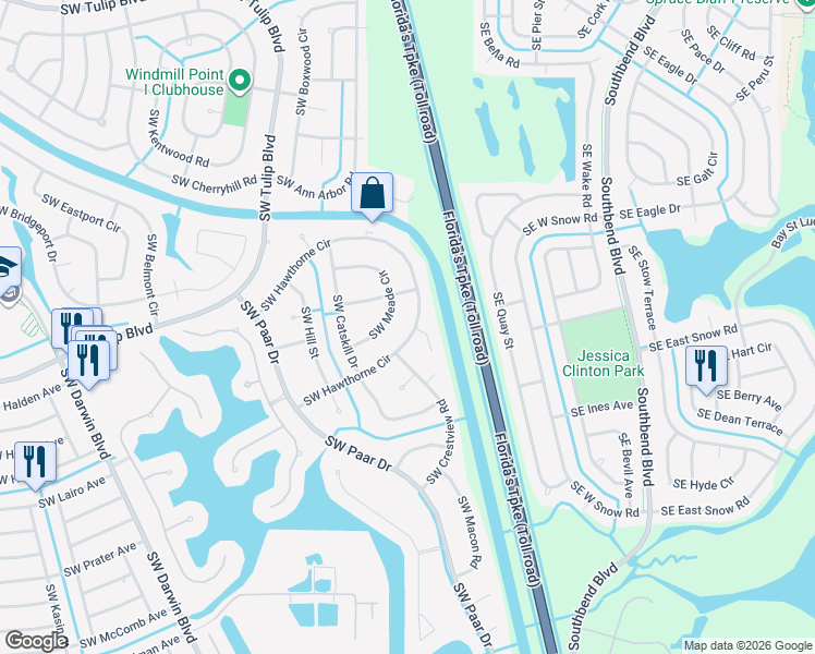 map of restaurants, bars, coffee shops, grocery stores, and more near 154 Southwest Hawthorne Circle in Port St. Lucie
