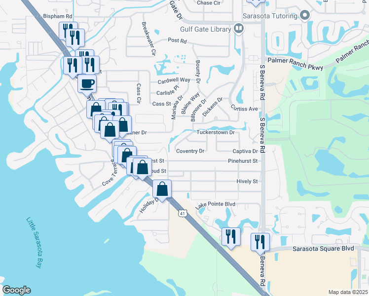 map of restaurants, bars, coffee shops, grocery stores, and more near 2715 Coventry Drive in Sarasota